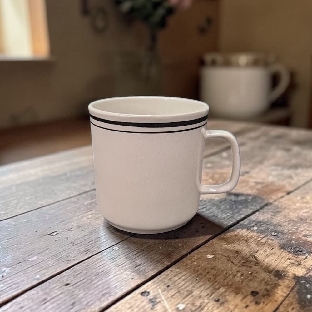 Striped Vintage Stoneware Coffee Cup, Heavy White 8oz Mug, Replacement Drinkware