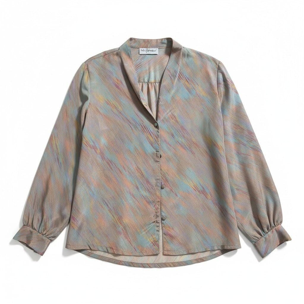 Helen Fabrikant Vintage Abstract Brushstroke Blouse, Multi Color Button Front