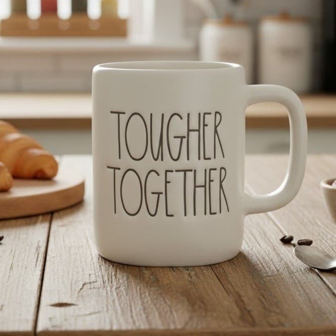 Rae Dunn "Tougher Together" Coffee Cup, Magenta Artisan Collection Ceramic Mug