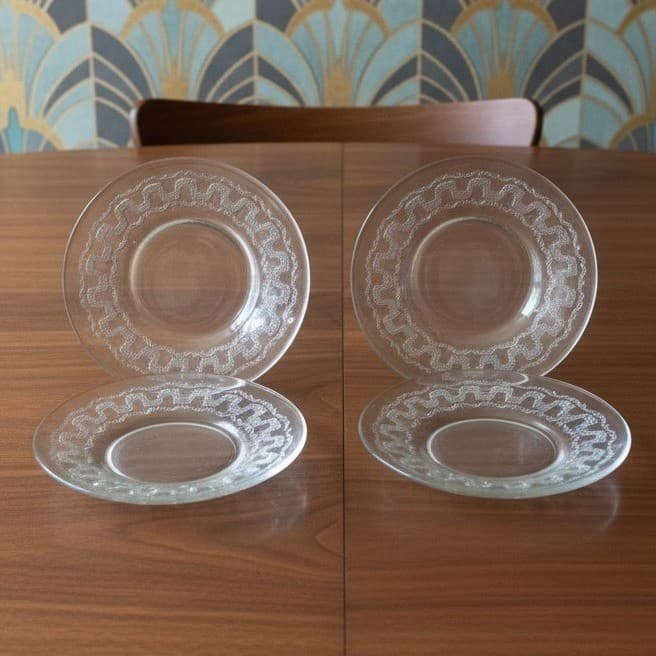 Clear Glass Bread & Butter Plates, Set of 4, Vintage Scallop Wave Rim Tableware