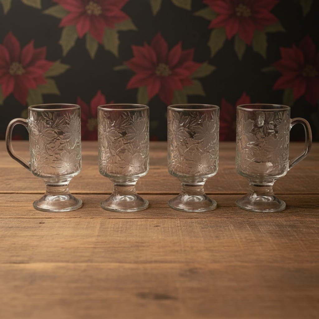 Princess House Fantasia Irish Coffee Mugs, Set Of 4, Footed Floral Glass Cups