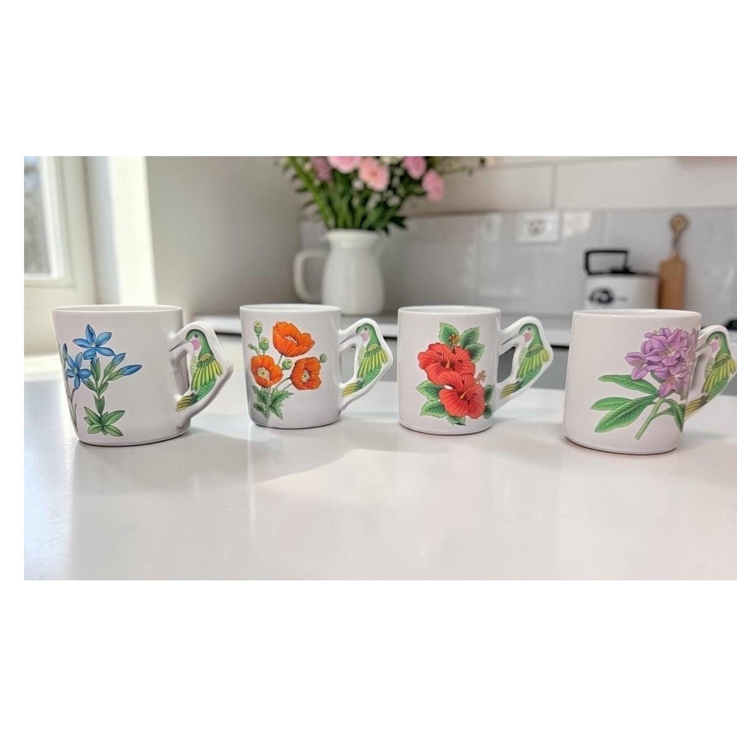 Porcelain Floral Coffee Cups With Hummingbird Handle, Set Of 4 Vintage Drinkware