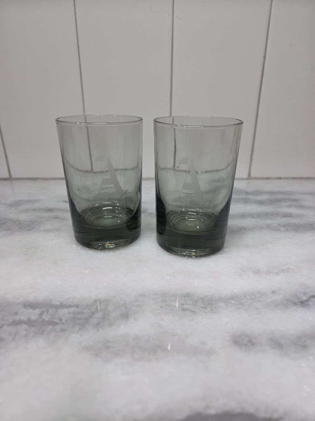 Smoky Grey Glass Juice Glasses, Small Glasses Set Of 2, Monogram "A" Glassware