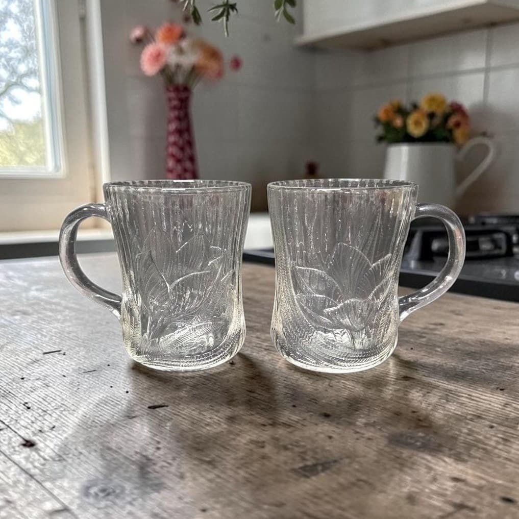 Arcoroc Canterbury Crocus Coffee Cups, Set of 2, Vtg Clear Embossed Glass Mugs