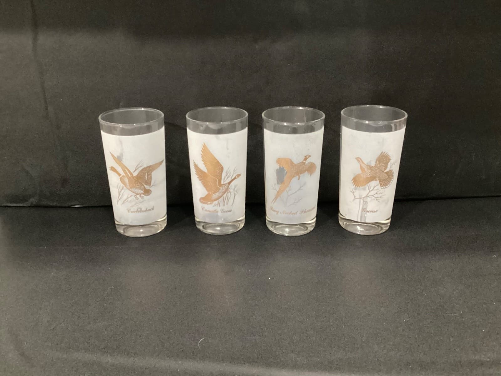Drinking Glasses 4 Gold Frosted Pheasant-Grouse-Canvasback-Canada Goose Vintage