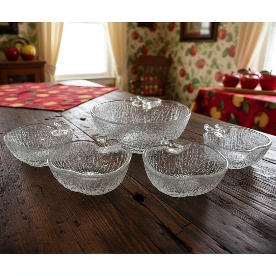 Ravenhead Bark Glass Apple Bowls, 5-Piece Serving Set, Vintage Textured Dishes