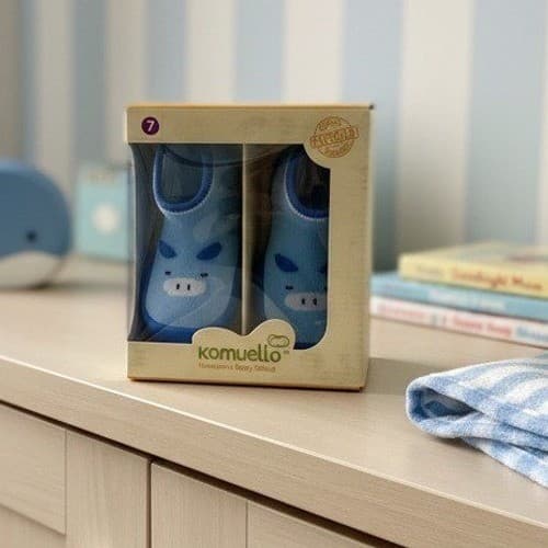 Komuello Piglet Blue Baby Shoes, Size 7 18-30M, Slip Resistant, Breathable, New