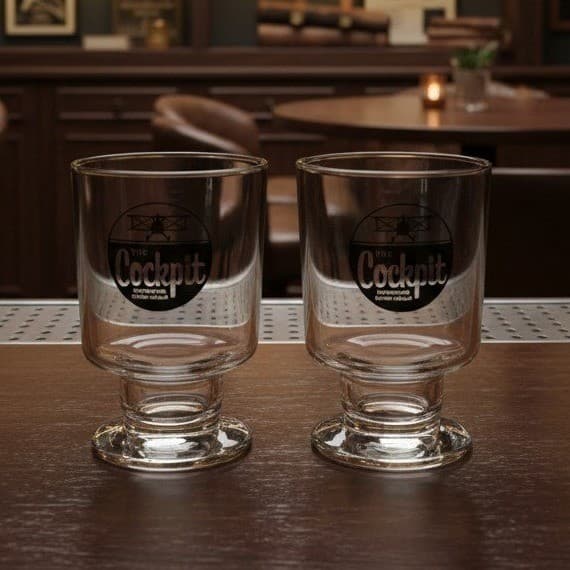 Cockpit Ale Beer Clear Pedestal Glasses, Set of 2, Vintage Memphis Memorabilia
