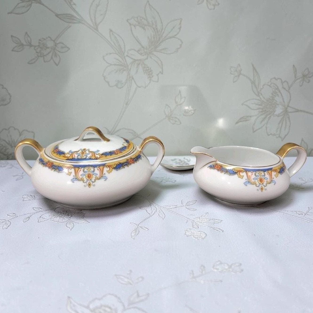 Epiag Elyrian Blue Gold Creamer & Lidded Sugar Set, Czechoslovakian Tableware