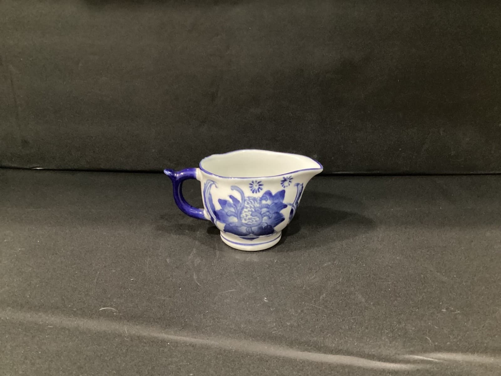 Lotus Floral Blue & White Ceramic Creamer Made In China Vintage Chinese