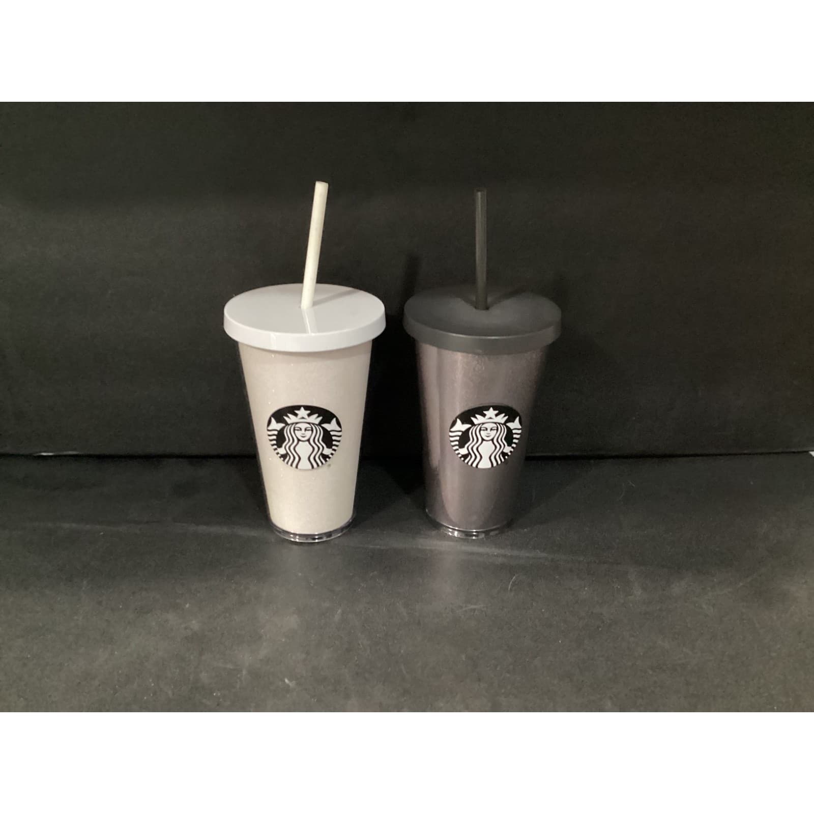 Starbucks Grande White Glitter & Silver Glitter Black Coffee Cup Tumblers 16 oz