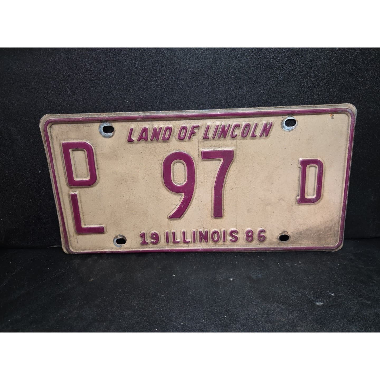 Illinois License Plate DL 97 D, Land of Lincoln, Red Cream Metal, Vintage 1986