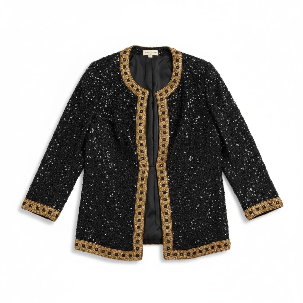 Stenay Vintage Black Silk Beaded Sequin Evening Jacket, Gold Trim, Woman's Small