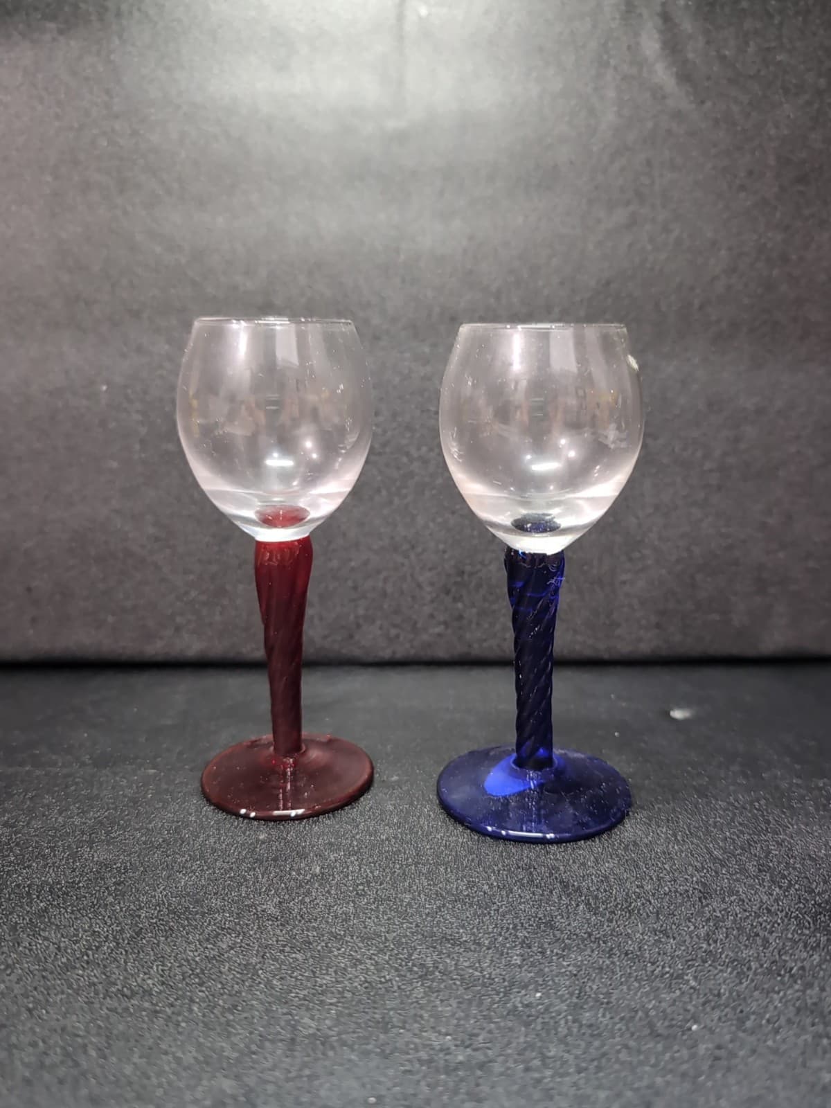 Bombay Twisted Stem Cordials, Cobalt Blue and Ruby Red Glasses, Vtg Shot Glasses