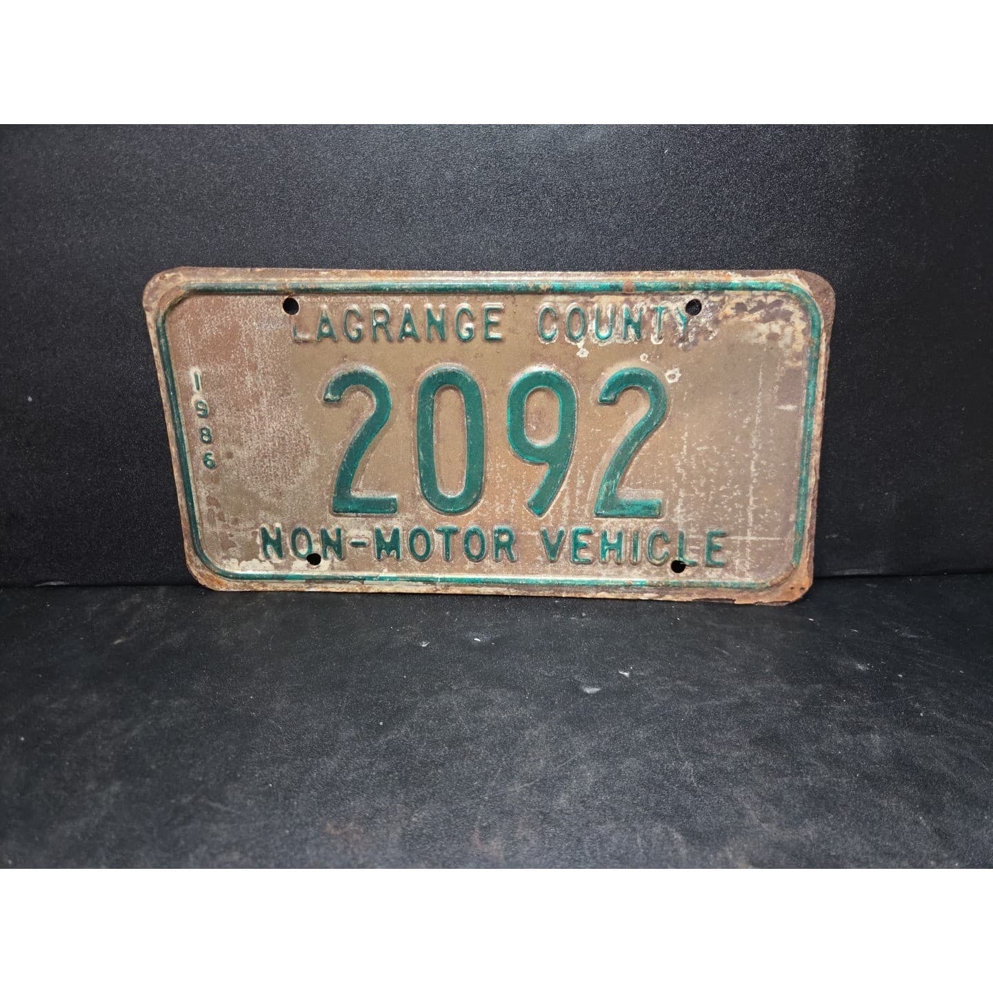 Lagrange County Indiana Non-Motor Vehicle License Plate 2092, Vintage Rust 1986