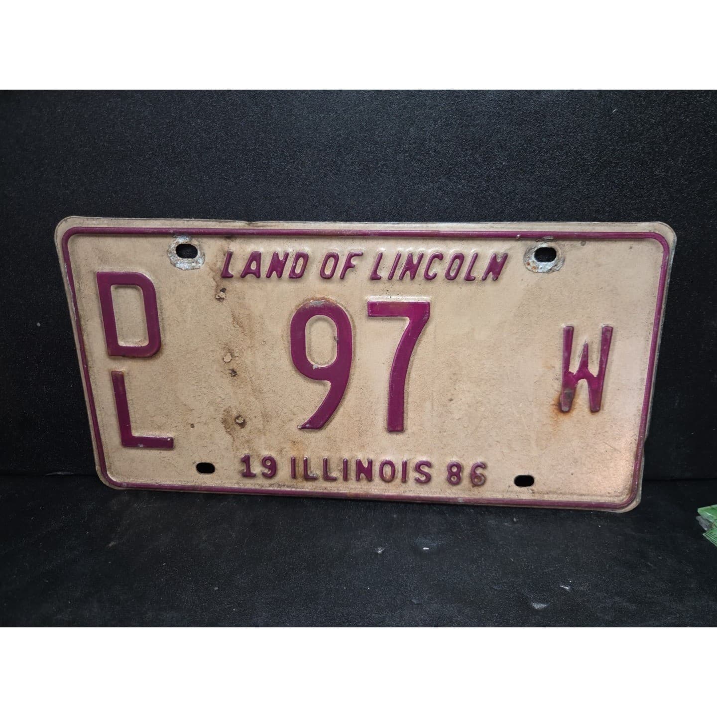 Illinois License Plate DL 97 W, Land of Lincoln, Red Cream Metal, Vintage 1986