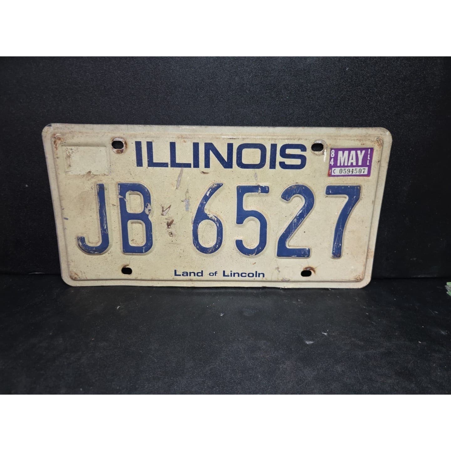 Illinois License Plate JB 6527, Land of Lincoln, Blue White, Vintage 1984