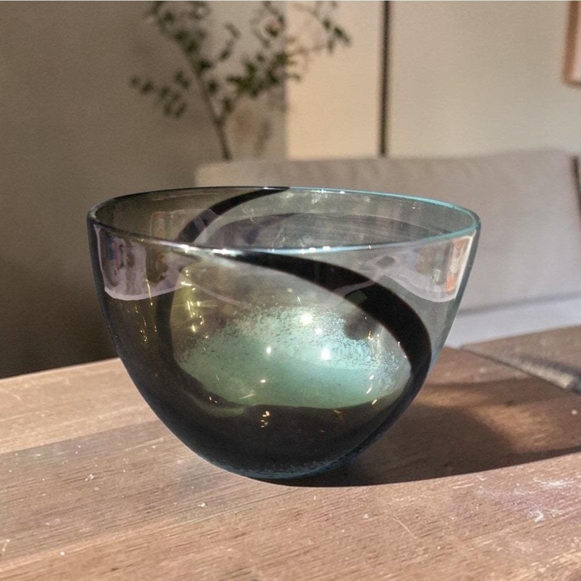 Hand-Blown Glass Bubble Bowl, Clear Auburn With Black & Blue Swirls, Centerpiece
