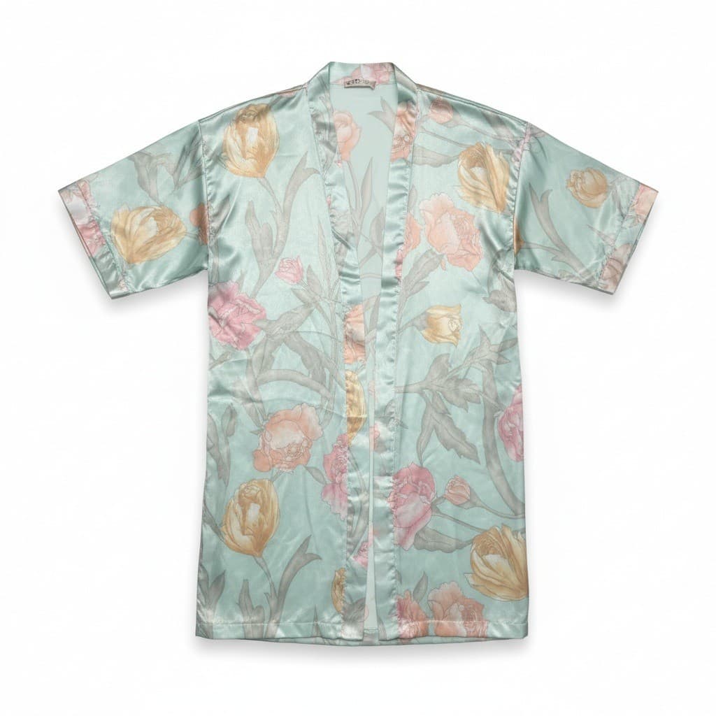 L.A. Intimates Vintage Floral Satin Robe Kimono Pastel Seafoam Green Small 4797