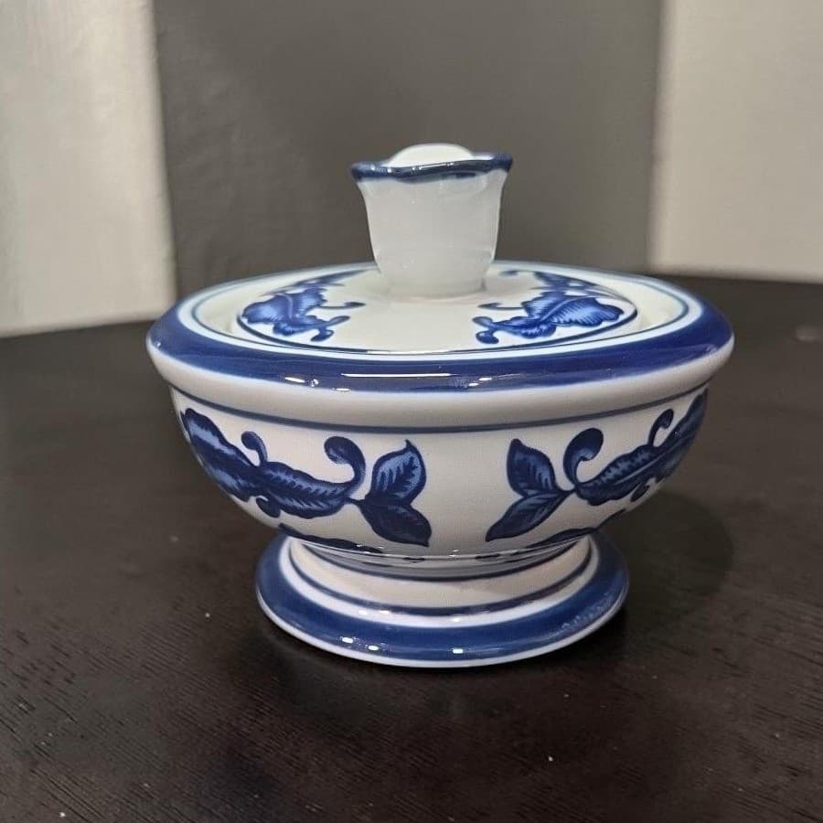 Bombay Company Blue & White Porcelain Lidded Sugar Bowl, Vintage Sweetener Jar
