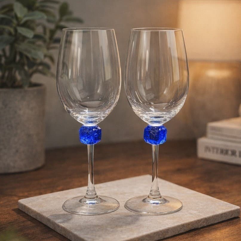 Riverside Studios Handmade Wine Glasses, Set of 2, Cobalt Blue Ice Stemware