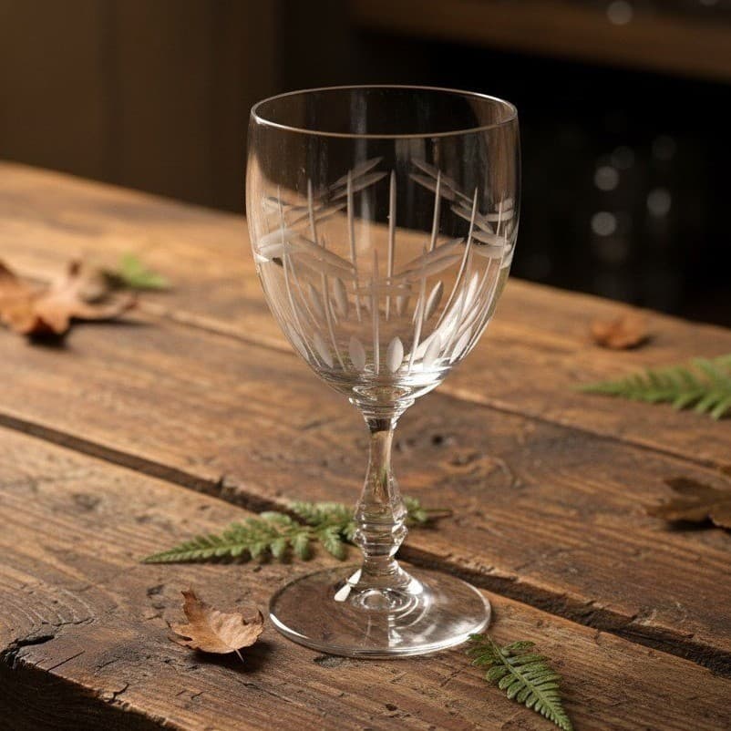 Floral Etched Wine Goblet, Vintage Leaf & Line Pattern, Clear Stemware Drinkware