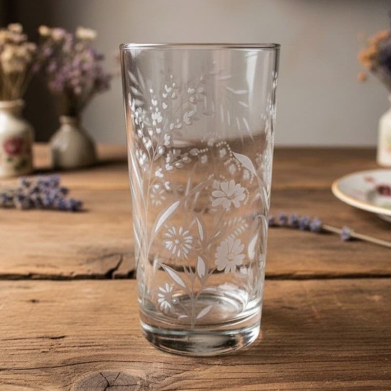 Libbey Etched White Wild Flowers Glass Tumbler, Silver Rim Barware, Glassware
