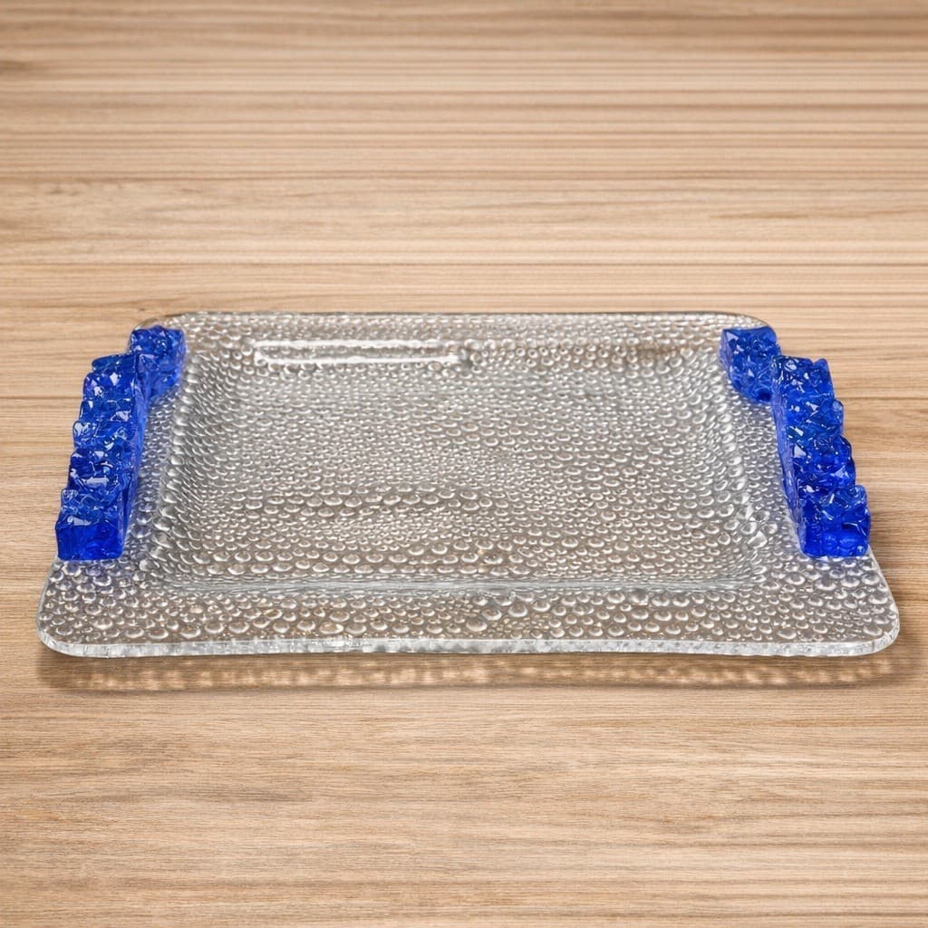 Riverside Studios Handmade Tray, Cobalt Blue Handles, Textured Bubble Platter