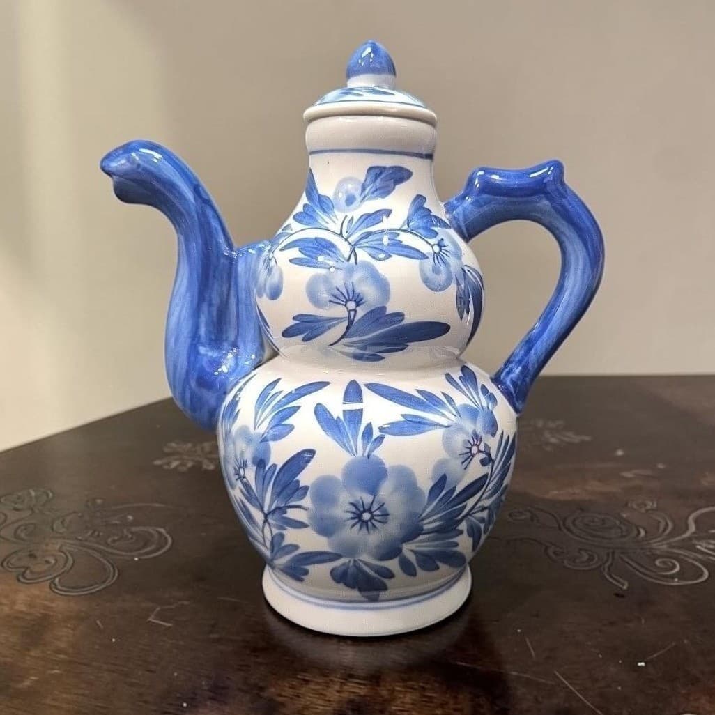 Cobalt Blue & White Floral Tea/Coffee Pot, Porcelain Double Gourd Shaped Carafe
