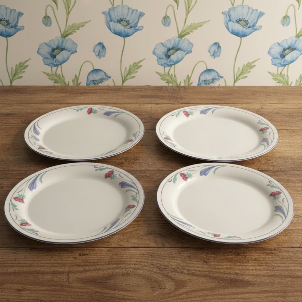 Lenox Chinastone Poppies On Blue Luncheon Plates, Set Of 4, Vintage Dinnerware