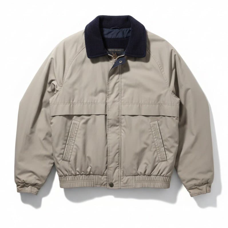 Members Only Tan Khaki Bomber Jacket, Navy Fleece Collar, Men's Medium