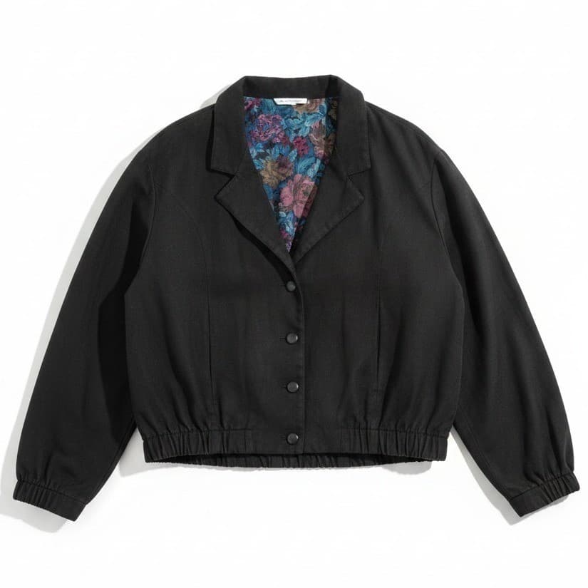 Jessica Scott Black Faux Suede Bomber Jacket, Floral Lining, Women's Small, Vtg