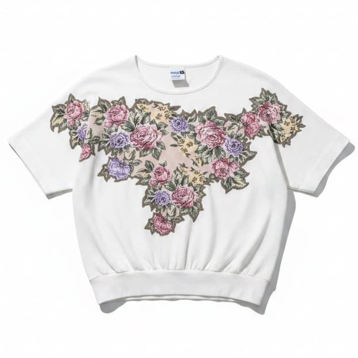 Teddi Sport Vintage Floral Graphic Sweatshirt, White Short Sleeve Banded Hem