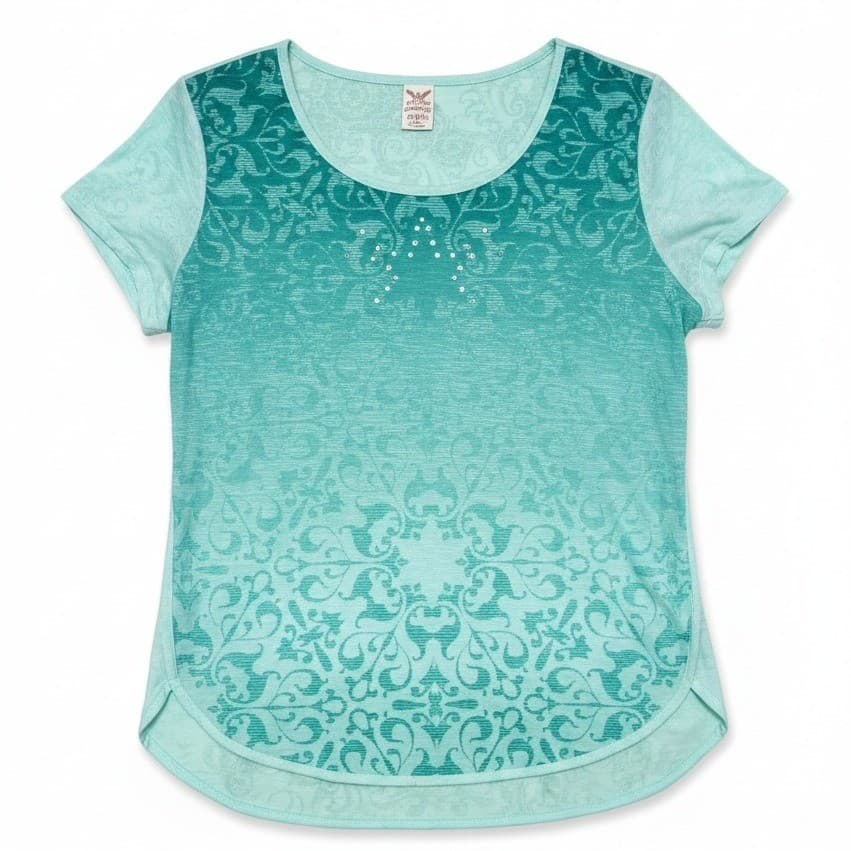 Faded Glory Opaline Green Burnout Damask Rhinestone Top, Women's XL 16-18