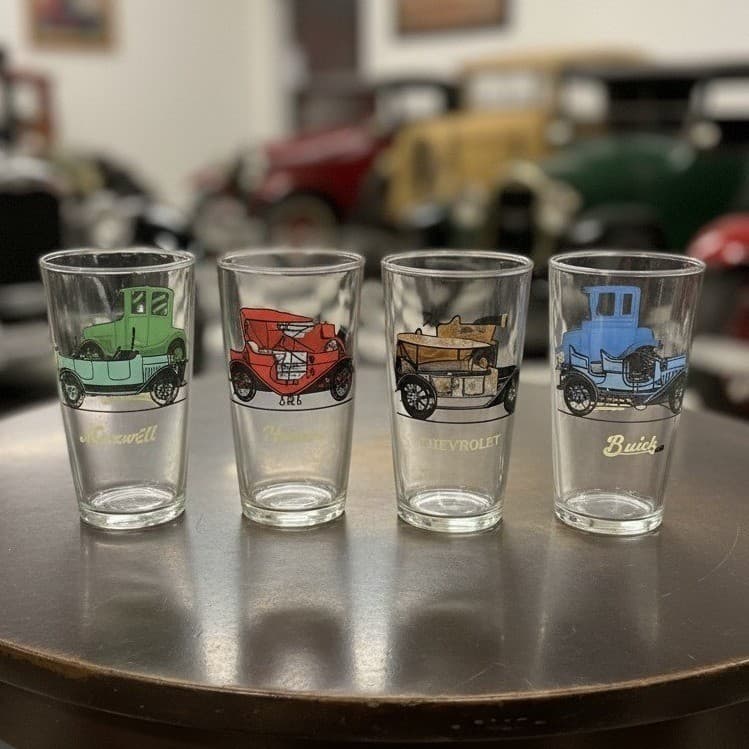 Anchor Hocking Antique Cars Tumblers, Set of 4, Multicolored Vehicle Glasses