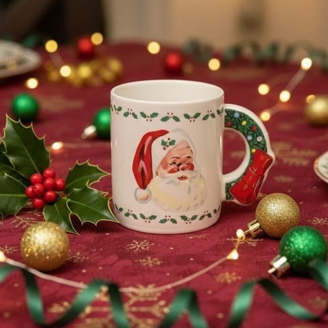 The Love Mug Christmas Santa Coffee Cup, Vintage Wreath Handled Design Drinkware