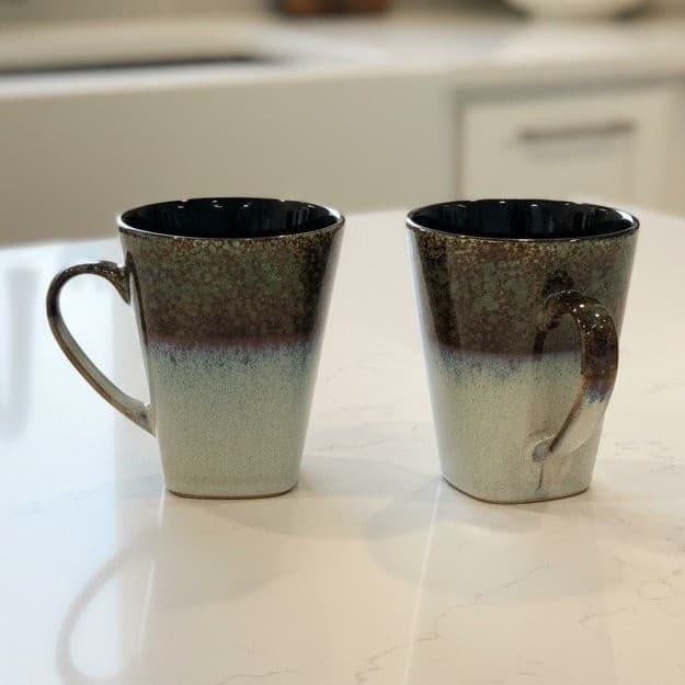 Master Cuisine Coffee Cups, Set of 2, Cream Brown Blue Stoneware Mugs, Drinkware