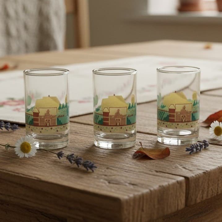 Libbey Crisa Farm Landscape Juice Glasses, Set of 3, Vintage Farmhouse Tumblers
