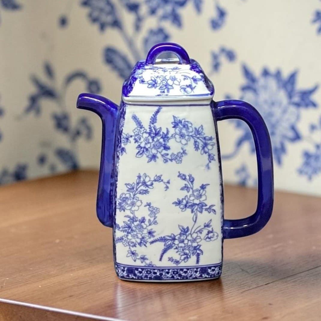 Blue & White Delft-Inspired Square Lidded Pitcher Chinoiserie Floral Ceramic Jug