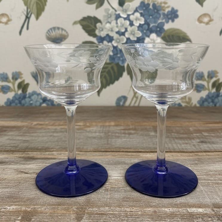 Weston Glass Style Wine Glasses, Set of 2, Vintage Cobalt Blue Etched Stemware