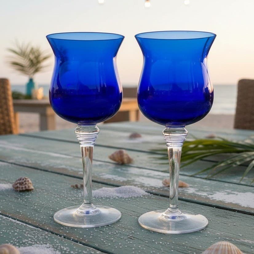Cobalt Blue Wine Glasses, Set Of 2, Clear Base Stemware, Replacement Drinkware