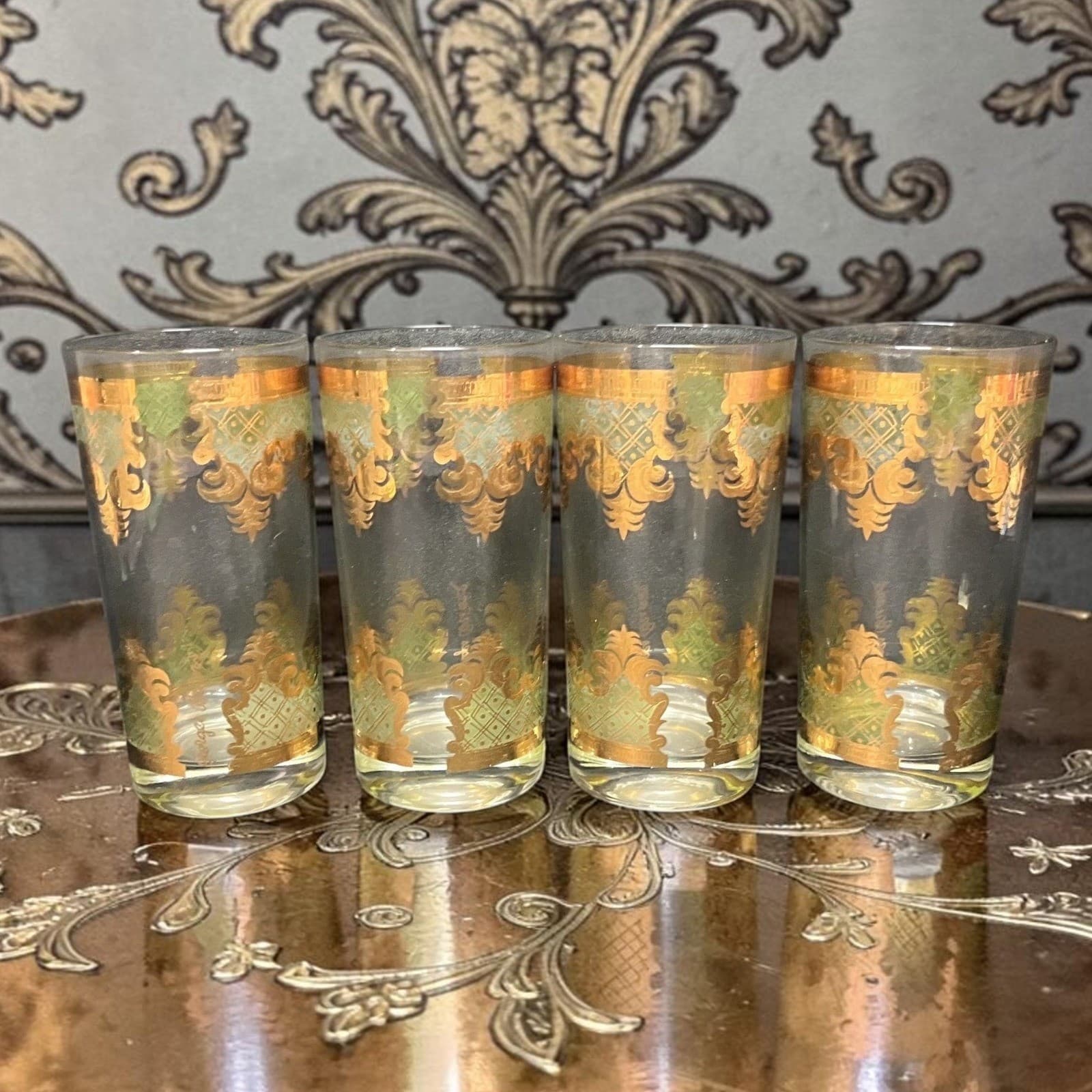Georges Briard Signed Carrara Highball Glasses, Set of 4, Gold & Green Tumblers