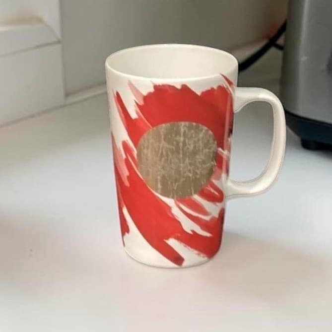 Starbucks Red Abstract Tall Coffee Cup W/ Gold Circle Vintage Inspired Drinkware
