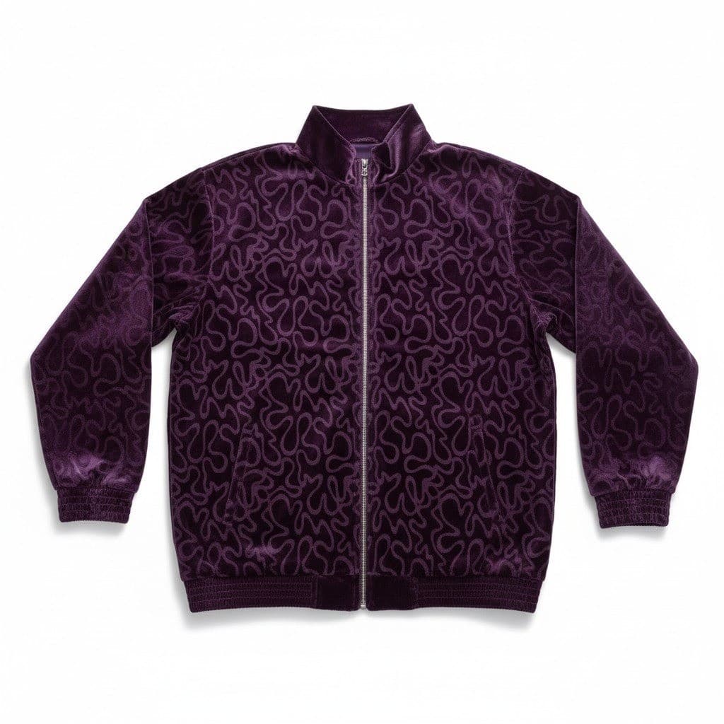 B Blast Purple Velvet Embossed Swirl Zip Up Jacket, Woman's Medium, Mock Neck