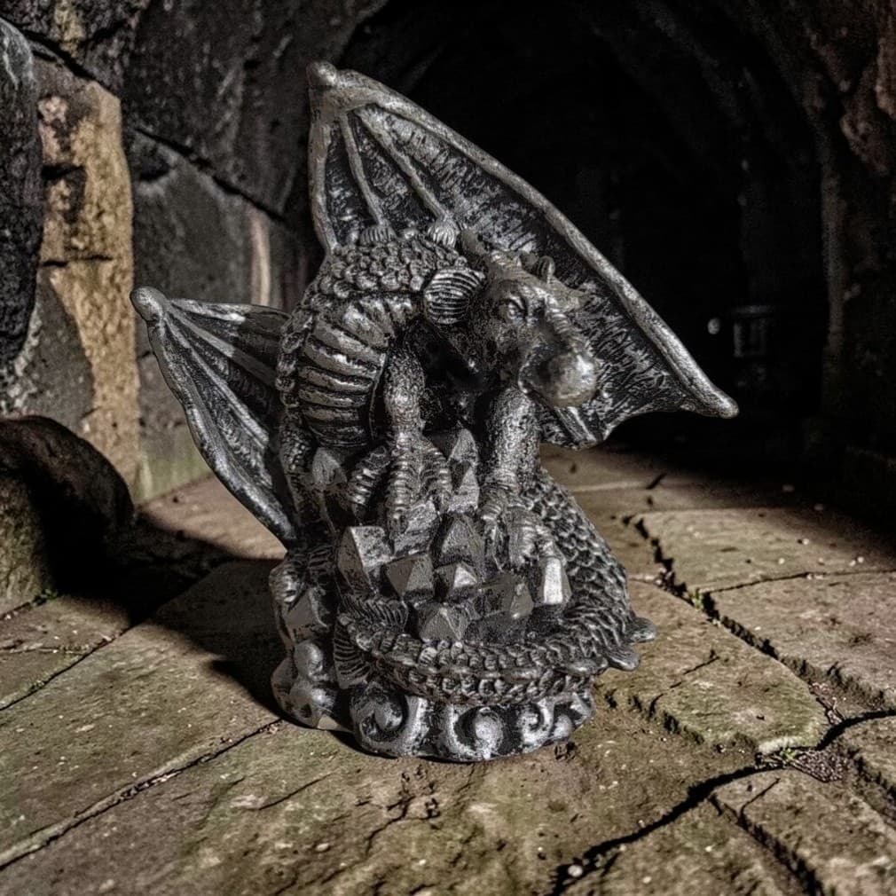 Winged Dragon Sitting on Crystal Cluster Figurine, Fantasy Collectible Statue