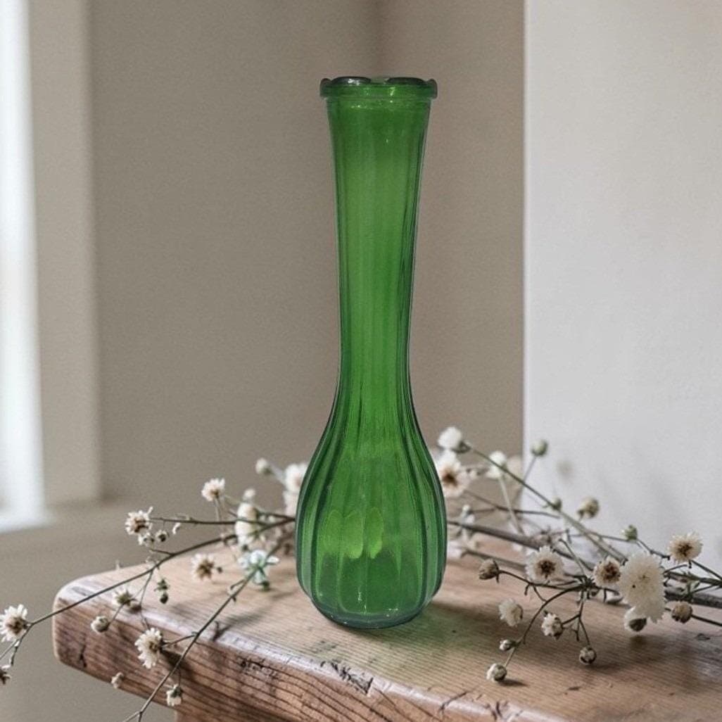 CLG Co. Emerald Green Glass Bud Vase, Vintage Ribbed Flower Holder, Centerpiece