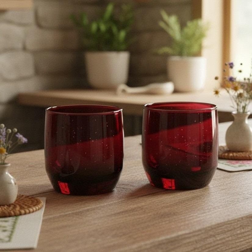 Anchor Hocking Royal Ruby Roly Poly Glasses, Set of 2, Vtg Mid-Century Drinkware