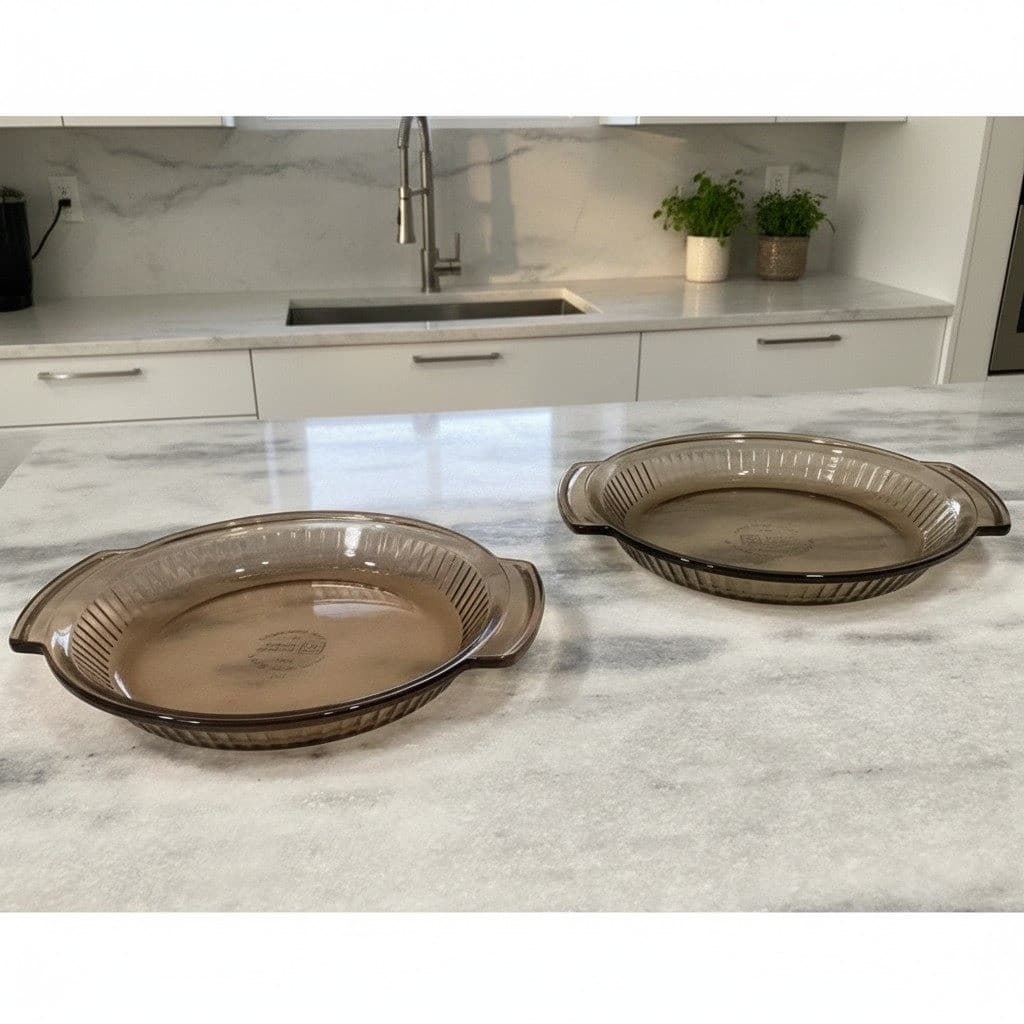 Anchor Hocking Brown Glass Pie Plates #1460, Set of 2, Vintage USA Bakeware