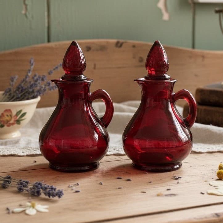 Avon Cape Cod Ruby Red Mini Cruets, Set of 2, Vintage Glass Bottles, Replacement