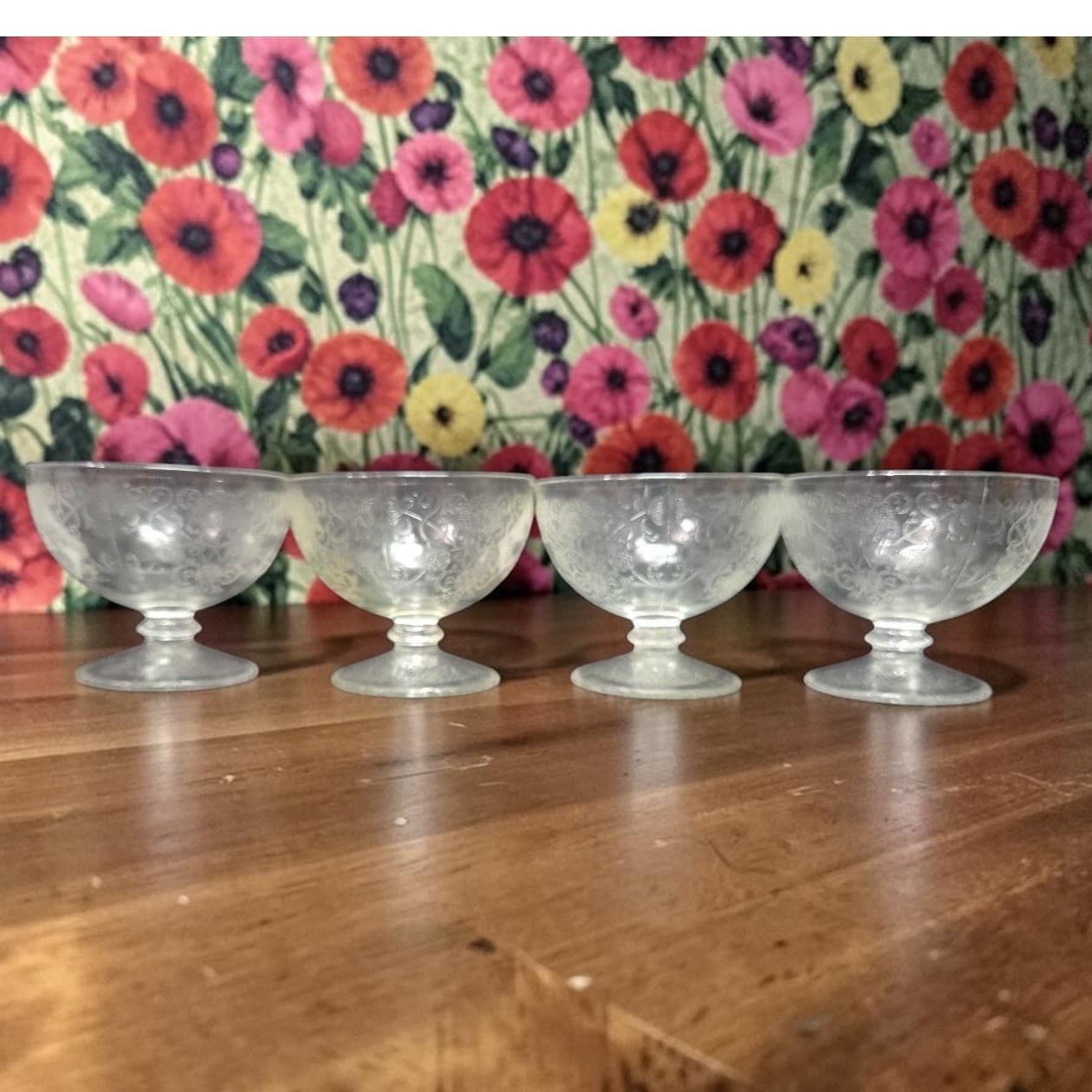 Hazel Atlas Florentine Sherbet Glasses, Set of 4, Vintage Footed Dessert Glass